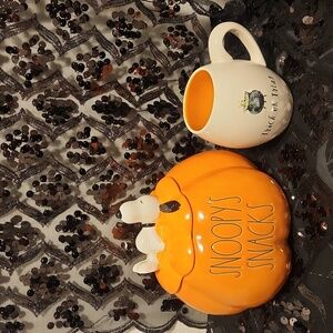 🎃RAE DUNN HALLOWEEN LOT x PEANUTS/SNOOPY cookie jar & MAGENTA COFFEE MUG